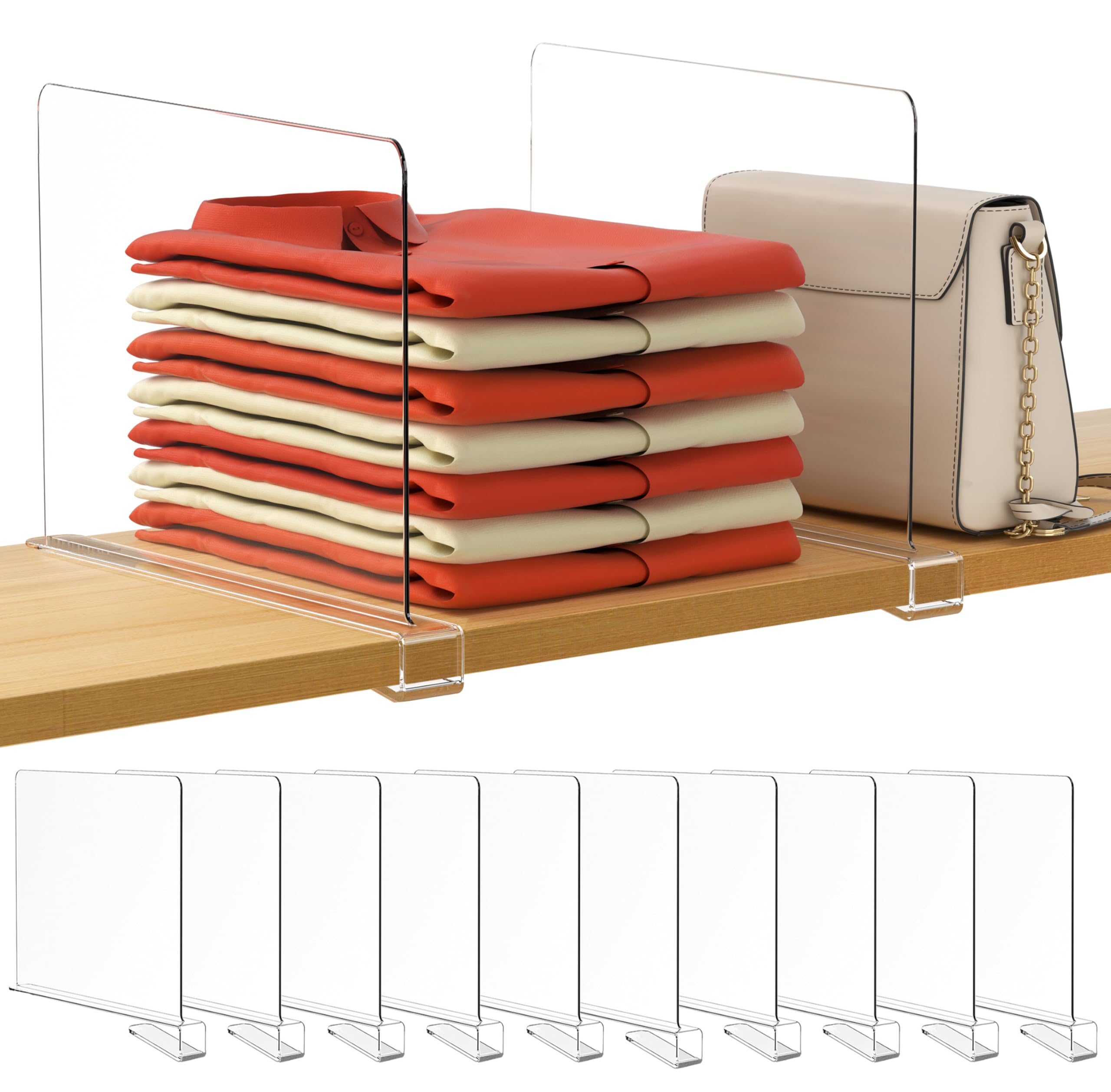 Photo 1 of HBlife 12 Inches Tall [Extra Tall Version] Clear Shelf Dividers, 10 Pack Purse Organizer for Closet Perfect for Sweater, Shirts, Handbags, Acrylic Adjustable Bookshelf for Organization