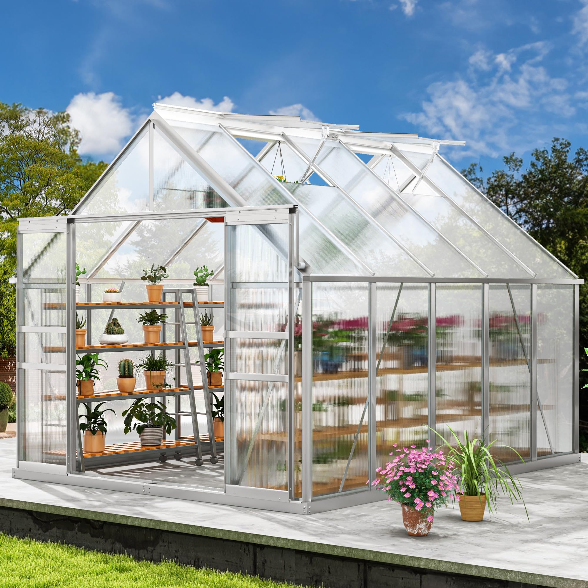 Photo 1 of ****HALF SET, ONLY BOX 2/2**** DWVO 8x10FT Polycarbonate Greenhouse Heavy Duty Green Houses Outdoor Aluminum Greenhouses with Sliding Doors Vent Window Walk-in Greenhouse Large Sun House for Garden Backyard, Matte Sliver