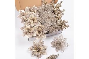 JILIMELI 24Pcs Christmas Poinsettia Artificial Flowers and Glitter Berries Kit, 2 Styles Total 16Pcs Christmas Tree Flowers Ornaments, 8Pcs Christmas Tree Picks for Wedding Holiday Decorations, Champagne