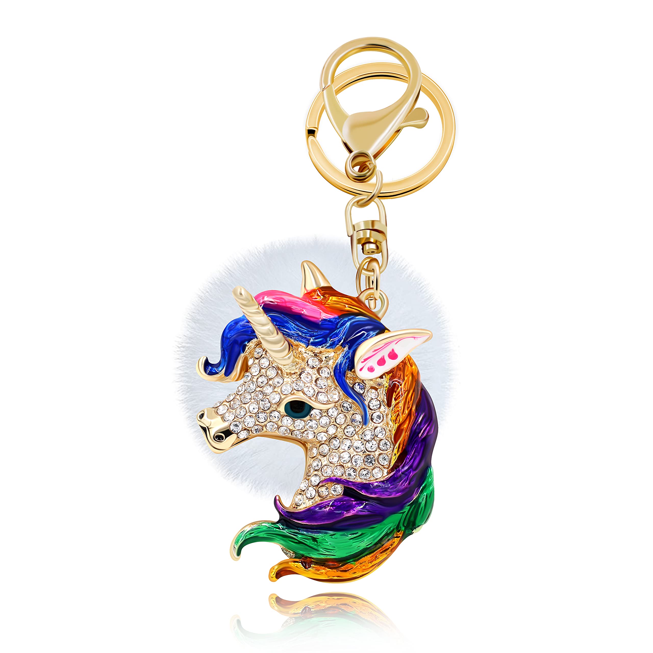 Uloveido Women Cute Purple Unicorn Design Key Chains Keychains for Mom Girls with White Fur Ball