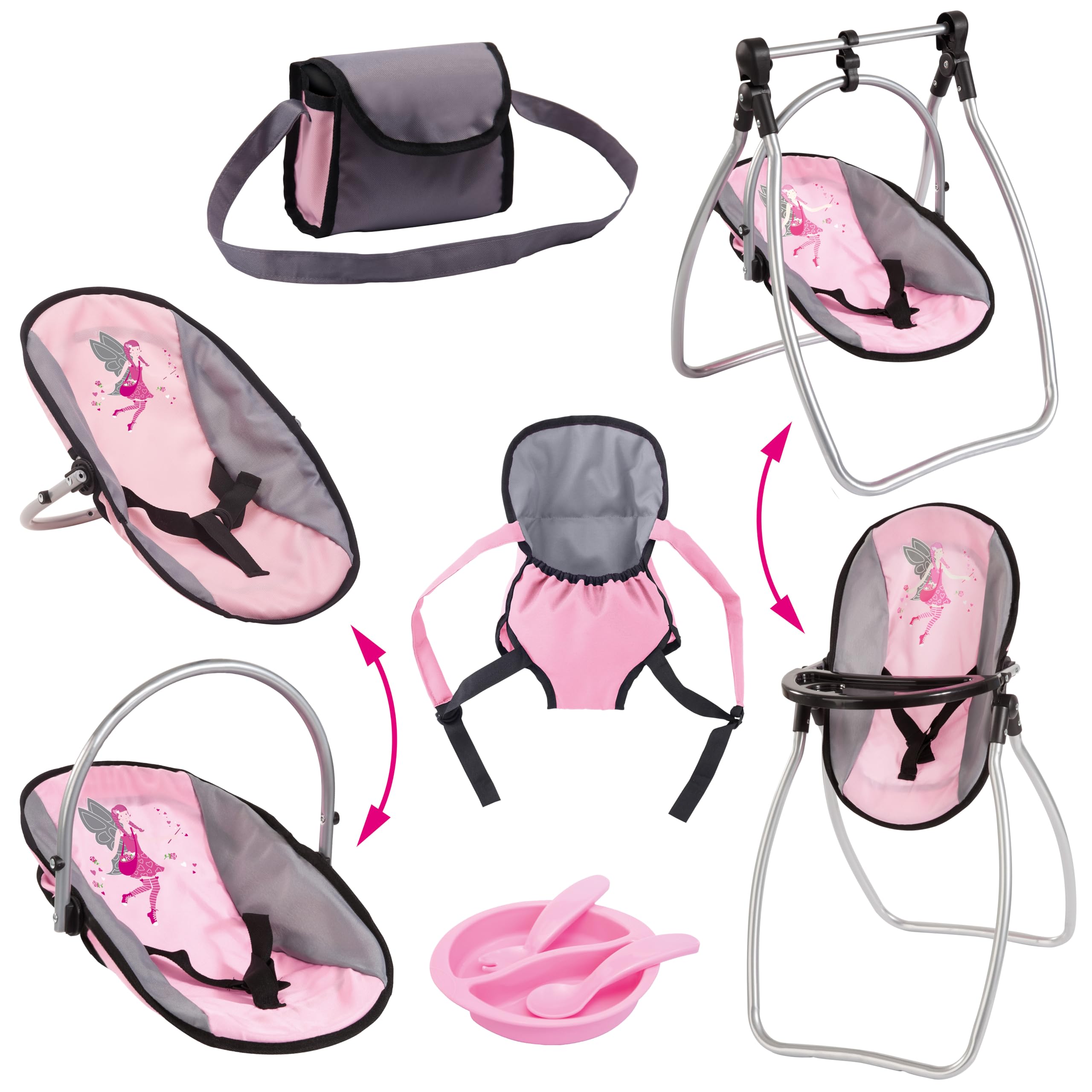 Doll Accessory Set 9 in 1 Vario Highchair Set with Shoulder Bag, Carrier and Plastic Accessories for Toddlers