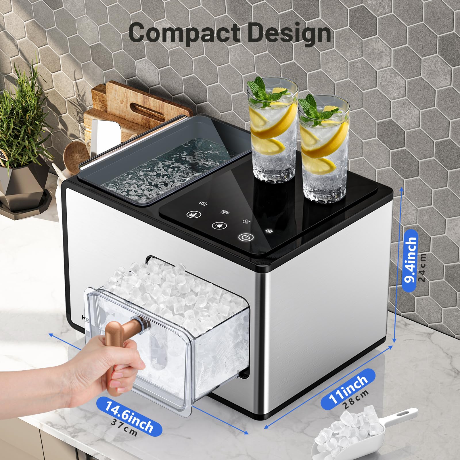 Nugget Ice Maker Countertop, 40lbs/24H, Pebble Ice Maker with Soft Chewable Ice, Self Cleaning Sonic Ice Machine, Stainless Steel w/Touch Screen for Home Office Bar Party- Silver