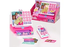Just Play Barbie Trendy Cash Register with Sounds, Pretend Money, and Credit Card Reader, 9 Piece Playset, Kids Toys for Ages