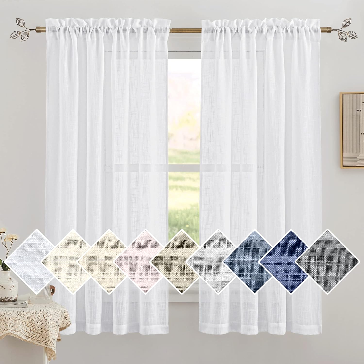 Window Treatments - RYB HOME Semi Sheer Curtains Linen Textured Window Panels, Rod Pocket, Indoor, White, 52 x 63 Inch Length 2 Panels