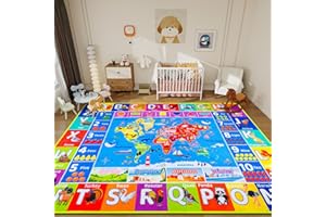 MFMIUDOLE World Map ABC Kid Rug for Playroom Geography 59"×39.4" Classroom Play Rug Educational Baby Playmat Alphabet Carpet Primary School Fluffy Ployester Non-Slip Preschool Mat Nursery Room Learning