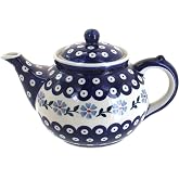 Blue Rose Polish Pottery - Blue Violet Teapot - 5 Cup Capacity - Hand-Painted Polish Pottery Ceramic Coffee &amp; Tea Server