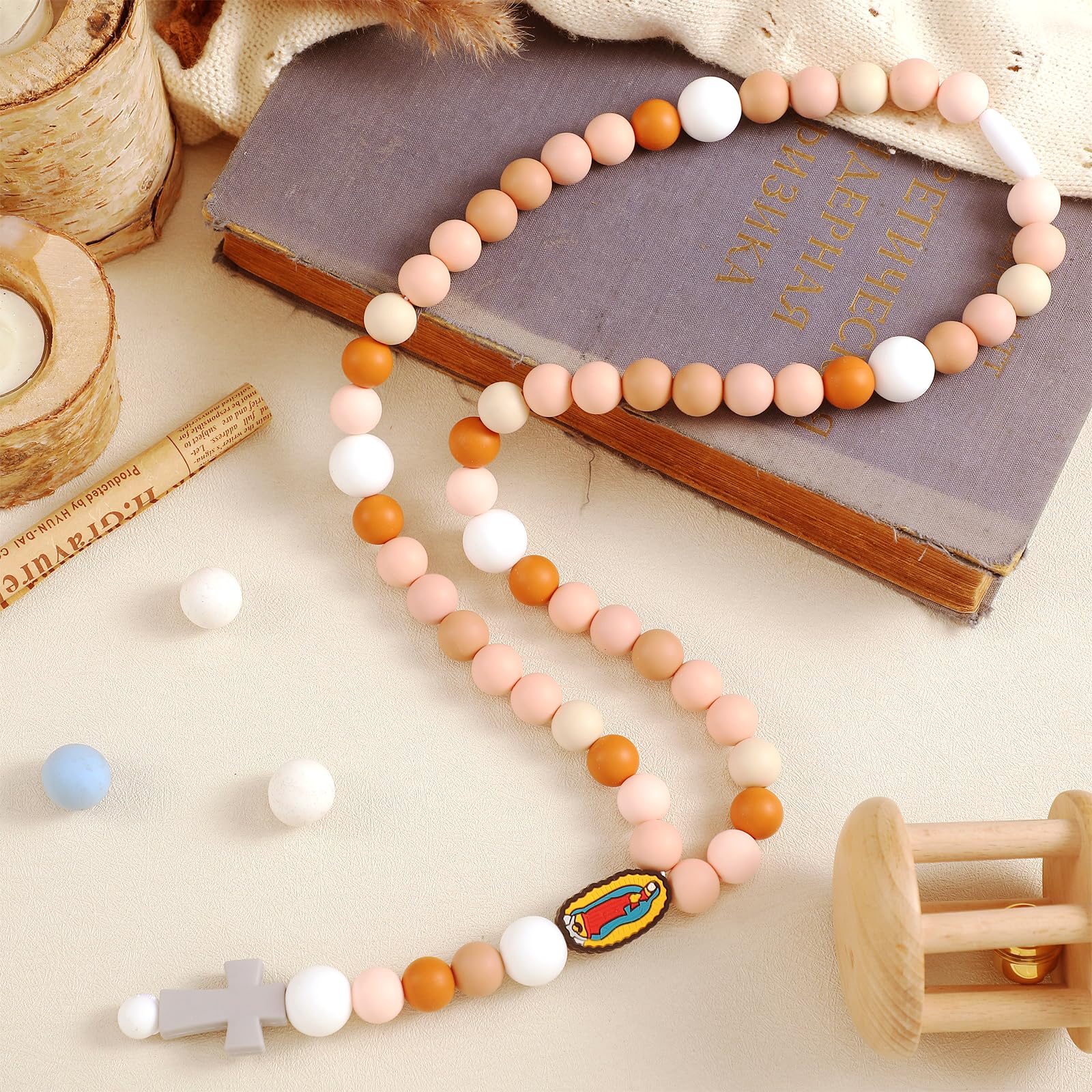 Photo 1 of Kigeli Cross Baptism Silicone Rosary God Bless First Rosary Catholic Cross Necklace Baby Shower Baptism Party Supply for Baby Shower Christian Communion Gifts(Pink)