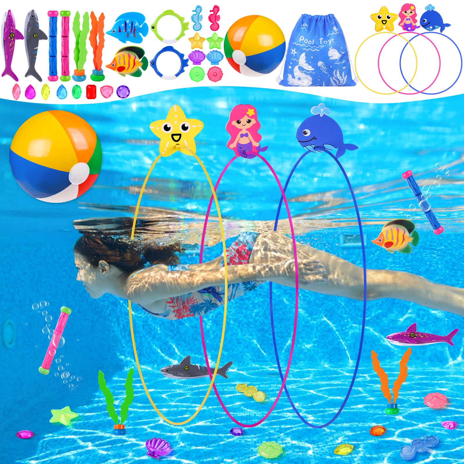 YUJUN 31 PCS Pool Diving Toys Big Rings Swim Thru Rings Pool Game Toys Summer Underwater Game with Pool Fishes Dive Sticks Gems Storage Bag Swim Birthday Party Favors for Kids Teens Adults