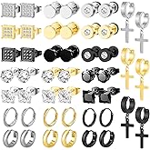 NEWITIN 24 Pairs Stainless Steel Earrings for Men Hypoallergenic Inlaid Cubic Zirconia Studs Hoop Earring Cross Dangle Earrings Unisex Punk Stud Earring for Women Men