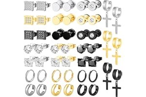 NEWITIN 24 Pairs Stainless Steel Earrings for Men Hypoallergenic Inlaid Cubic Zirconia Studs Hoop Earring Cross Dangle Earrings Unisex Punk Stud Earring for Women Men