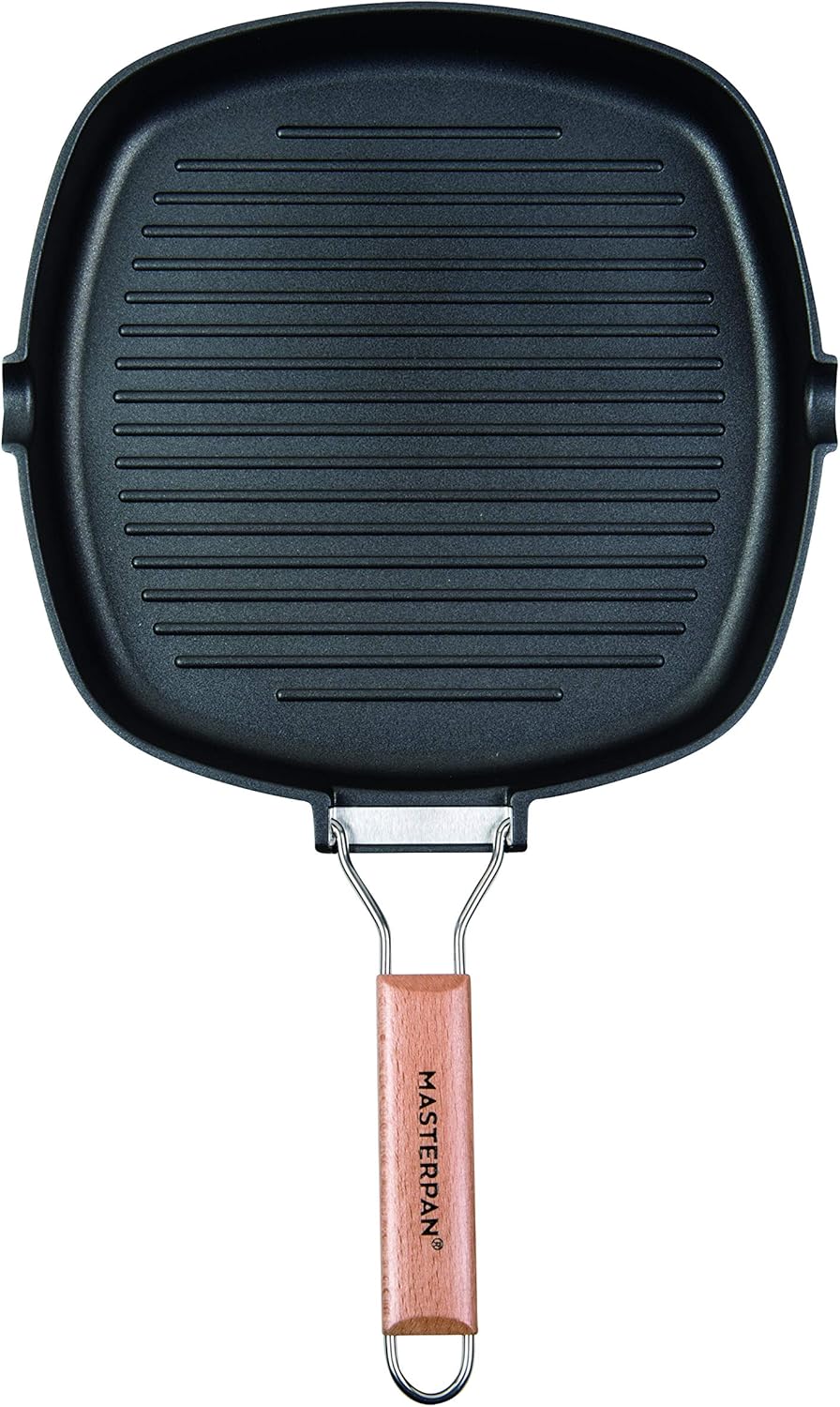 MasterPan Non-Stick Grill Pan Wooden, 8", Folding Handles: Kitchen & Dining