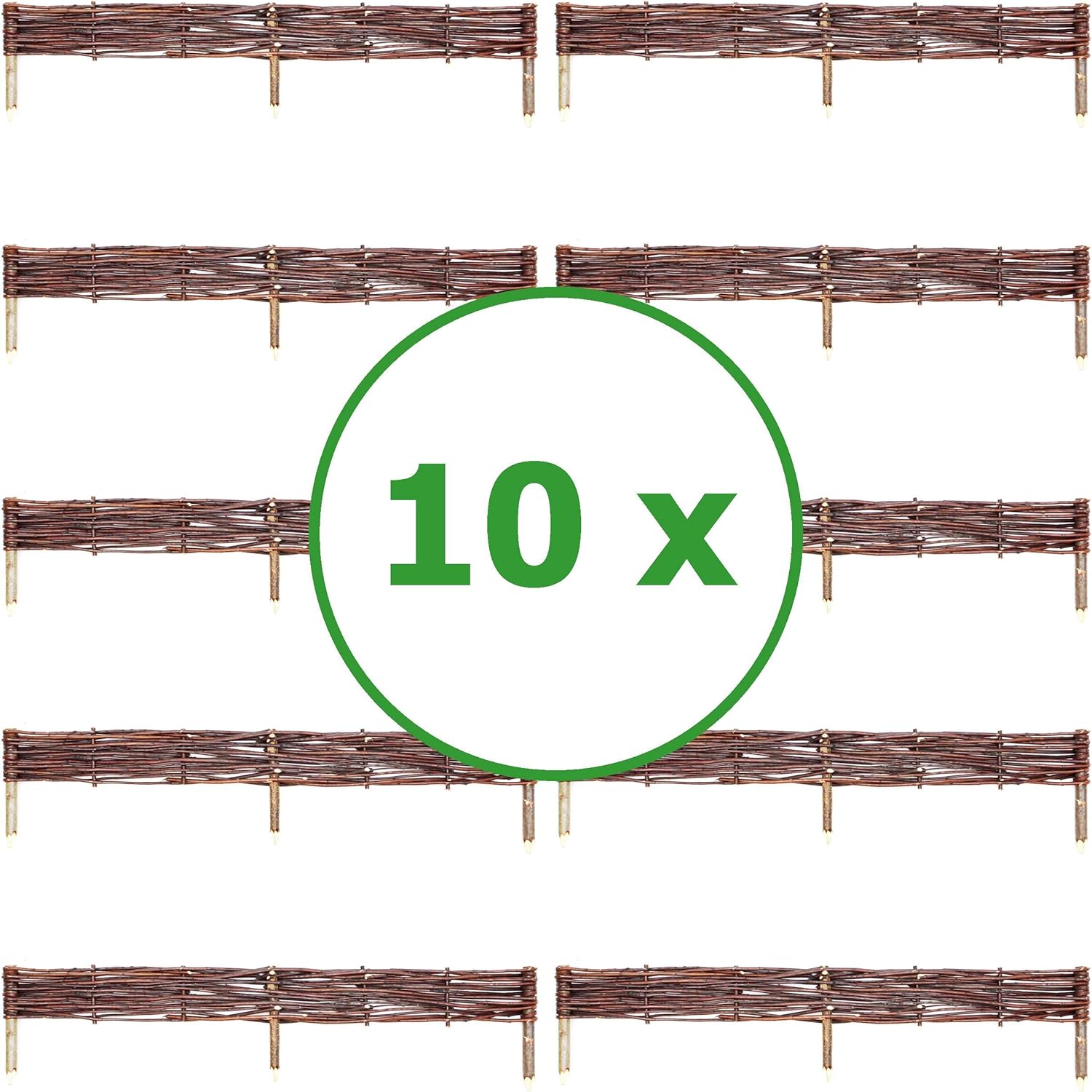 BOGATECO 10 x Beeteinfassung aus Weide | 100 cm Lang & 10 cm Hoch | Holz-Zaun Rasenkante | Weiden-Zaun Steckzaun Perfekt für den Garten als Weg-Abgrenzung
