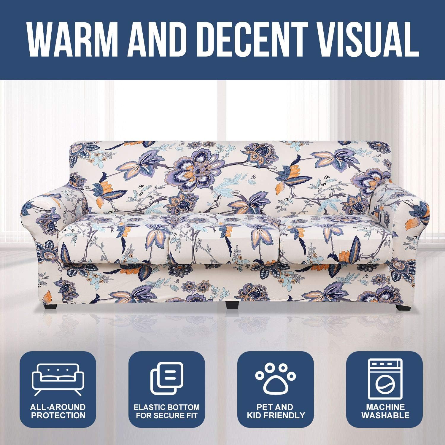 hyha Printed Couch Cover for 3 Cushion Couch - Floral Pattern Sofa Cover with Separate Cushion Cover, 4 Pieces Stretch Sofa Slipcover Washable Furniture Protector (Sofa, Vintage Flower): Home & Kitchen