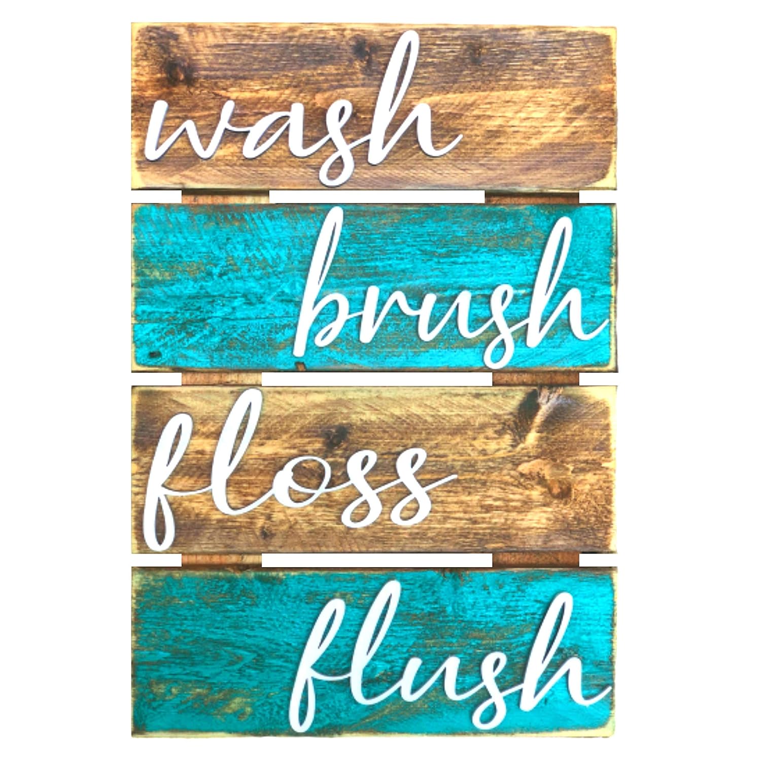 Amazon Com Farmhouse Bathroom Wall Decor Brown And Teal 10x15 Rustic Wash Brush Floss Flush Sign Unique Hanging Wooden Signs Vintage Primitive Bathroom Wall Art Handmade