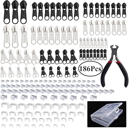 Outee 186 Stück Reißverschluss Ersatz Reißverschluss Reparatur Kit mit Reißverschluss installieren Zangen Werkzeuge und klar 