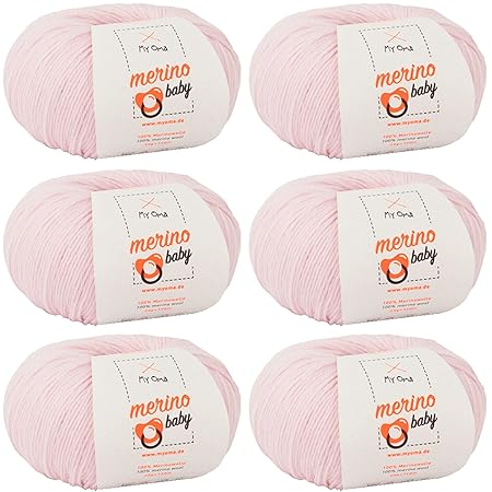 MyOma Babywolle Stricken * Merino Baby Babyrosa (Fb 6020) * 6 Knäuel Babywolle rosa + GRATIS Label - Babywolle häkeln – 100% 