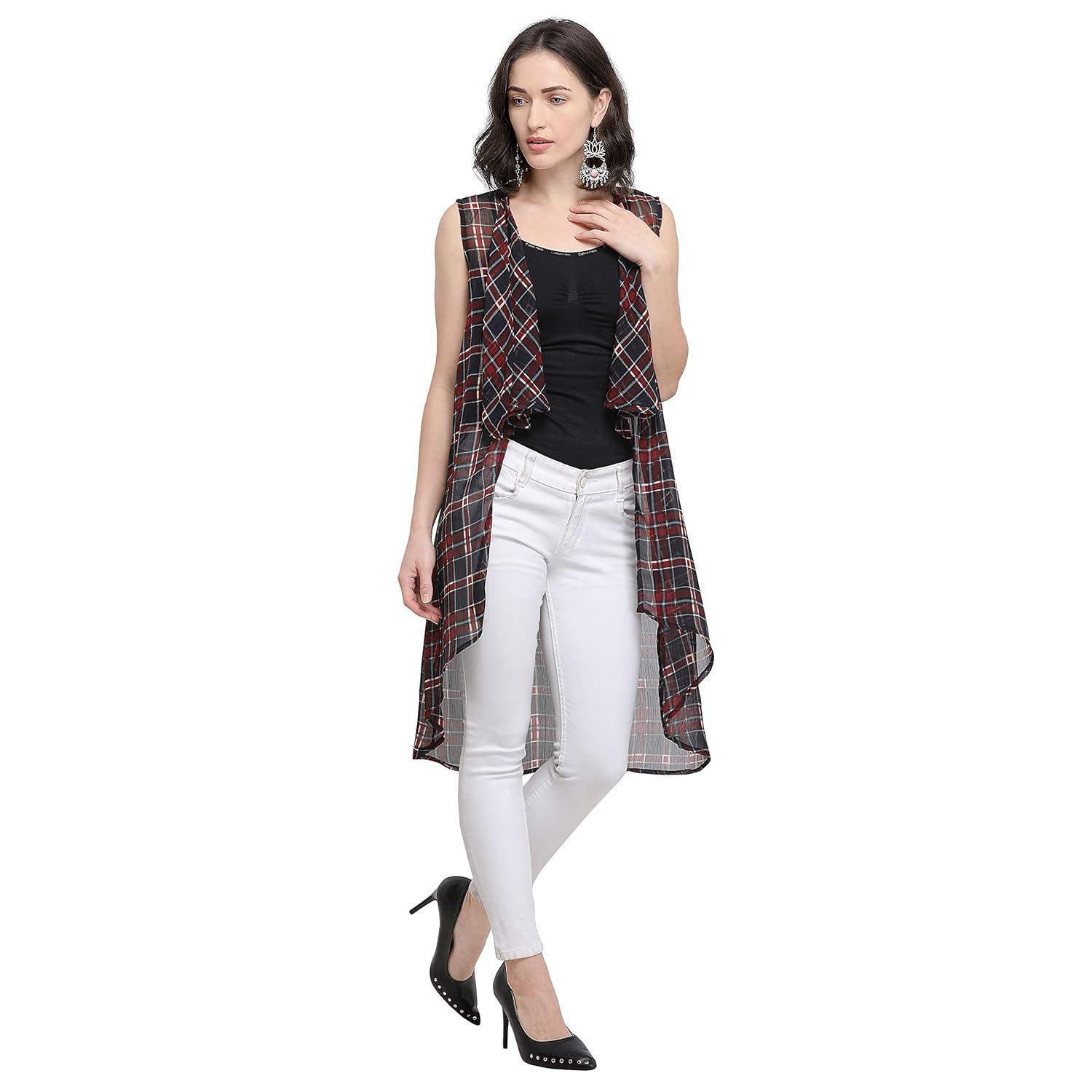 serein women's black geometric print georgette sleeveless shrug/long jacket