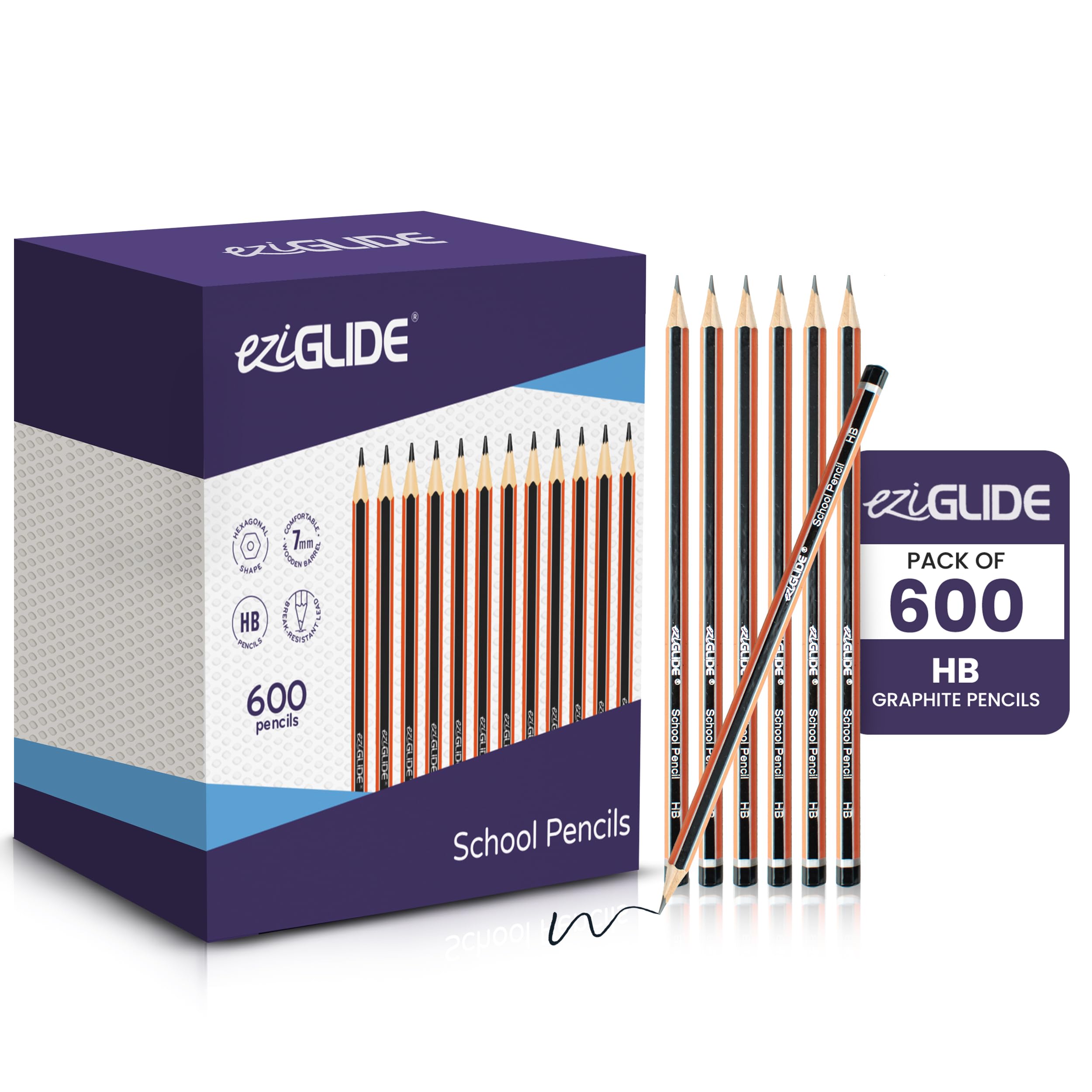 Eziglide HB Graphite School Pencil, Bulk Pack of 600 Hexagonal Pencils with Presharpened, Break Resistant Super Bonded HB Leads, Ideal for use at School in the Classroom, Home or the Office — image 1