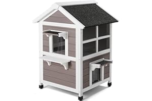 Bigrab Outdoor Large Cat House Weatherproof, Outside Feral Cat Shelter with Escape Door, Insulated Wooden Cat Condos with Window, (Two Storey Grey - for 2-3 Cats or Small Animals)