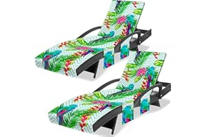 Ruikyhom Lounge Chair Towel Cover, Chaise Lounge Cover (Pack of 2), Beach Chair Covers with 3 Pockets for Pool Sunbathing Beach Garden Courtyard Outdoor Trips, 85 x30 in, Bird and Flower(Green)