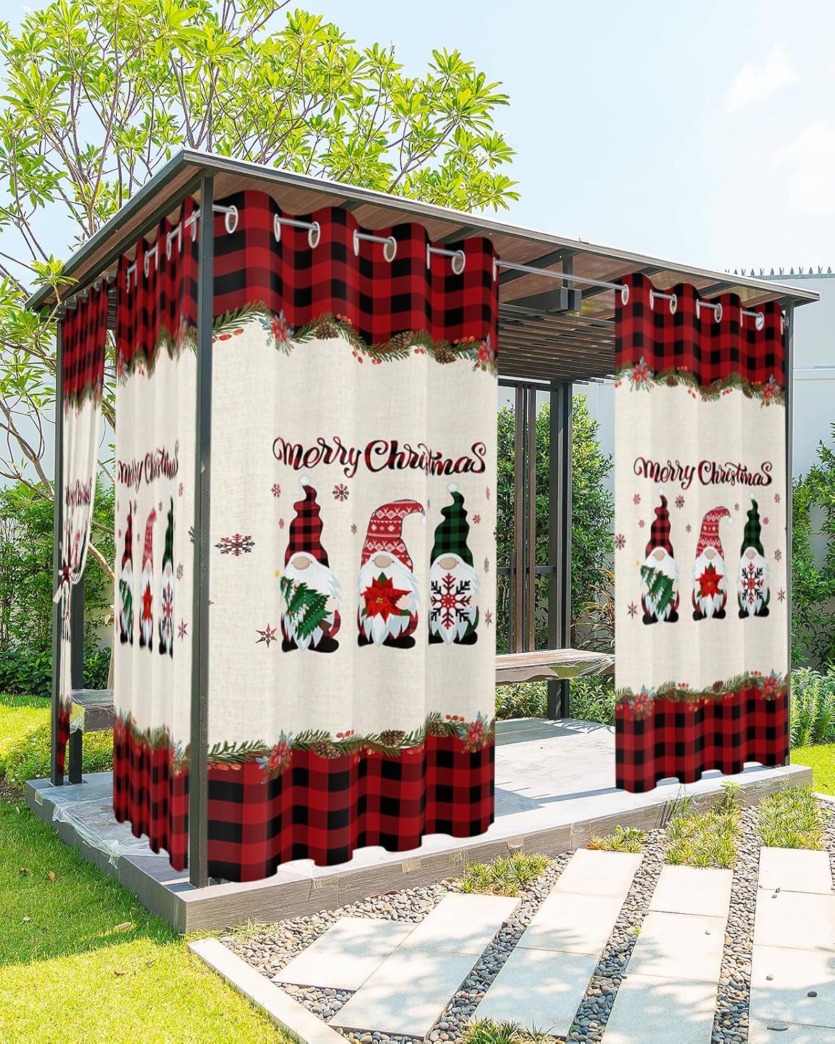 Outdoor Curtains - EZON-CH Outdoor Curtain for Patio Waterproof, Merry Christmas Farmhouse Gnome Xmas Elements Windows Curtains Panels Light Filtering Outside Drapes for Living Room/Pergola/Garden/Balcony 52