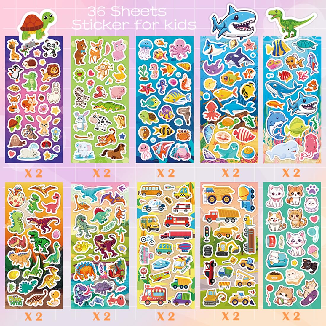 36 Sheets Stickers for Kids, 800+ Stickers for Scrapbooking Including Animals, Fruits, Dinosaurs, Hearts, Cats, Fish, Cars, Space and More, Party Favors for Kids