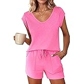 Ekouaer Womens Pajama Sets 2 Piece Lounge Sets Comfy Short Sleeve Tops and Shorts Cute Pjs Outfits Set S-XXL