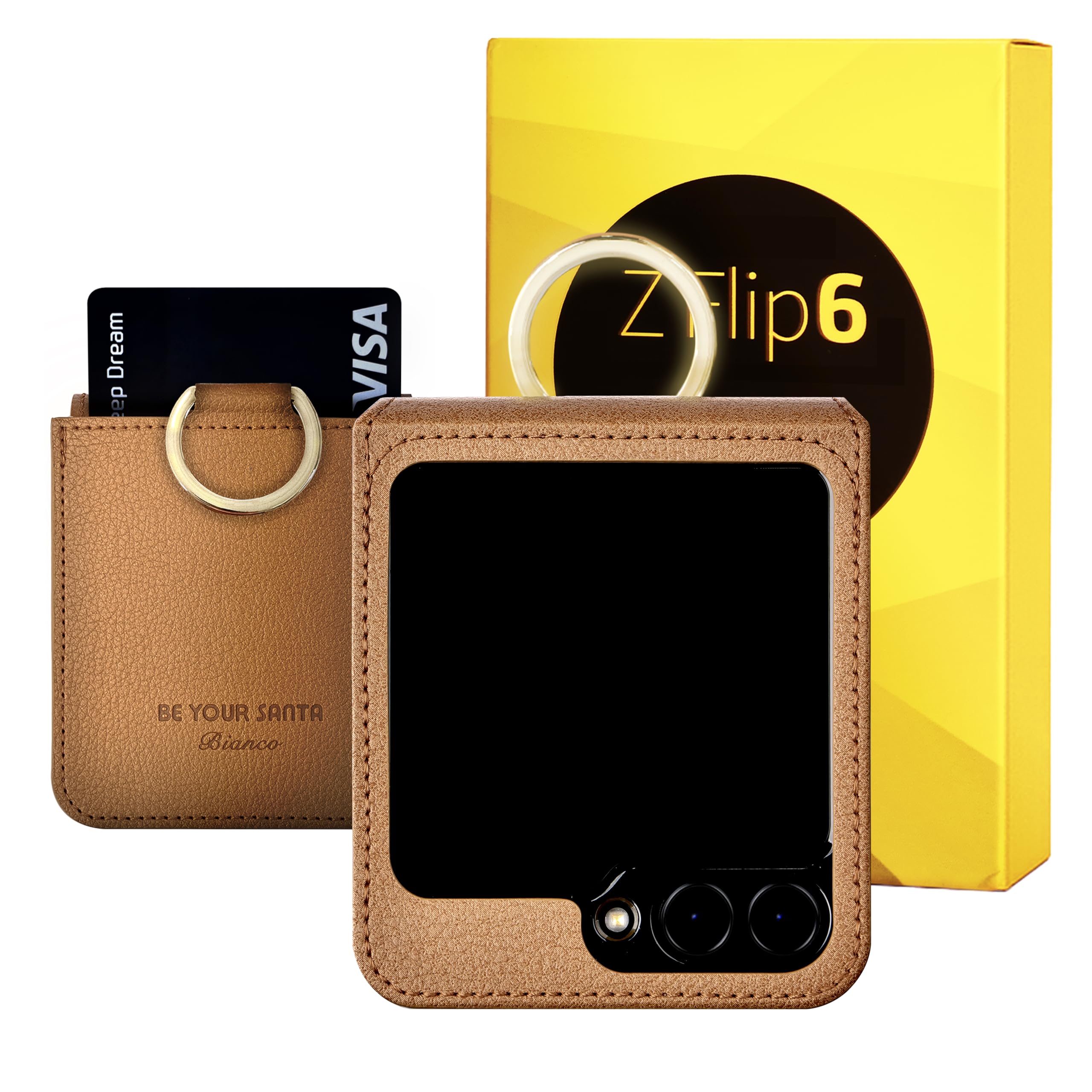 Photo 1 of [BeYourSanta] for Galaxy Z Flip 6 Case, Bosco & Bianco with Card Holder, Camera Cover, and Hinge Protection - Italian Vegan Leather | Ring Holder (Saddle Brown, Bianco(1 Slot))