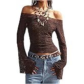 RoseSeek Women's Boho Gothic Lace Off The Shoulder Tops Bell Sleeve Sheer T Shirts Fitted Crop Tops