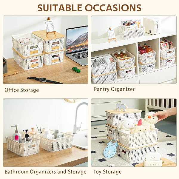 ANTSTEP 8 PACK PLASTIC STORAGE BINS WITH BAMBOO LIDS – STACKABLE STORAGE BASKETS WITH HANDLE FOR PANTRY ORGANIZER AND STORAGE, PLASTIC CONTAINERS BINS LIDDED STORAGE BINS FOR CLASSROOM OFFICE SHELVES
