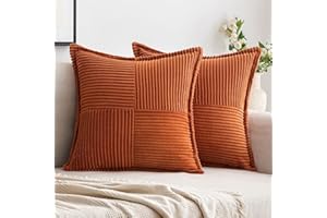 Woaboy Corduroy Pillow Covers 18x18 Inch Rust Set of 2 Super Soft Boho Striped Couch Covers Broadside Splicing Decorative Textured Throw Pillows for Spring Cushion Livingroom