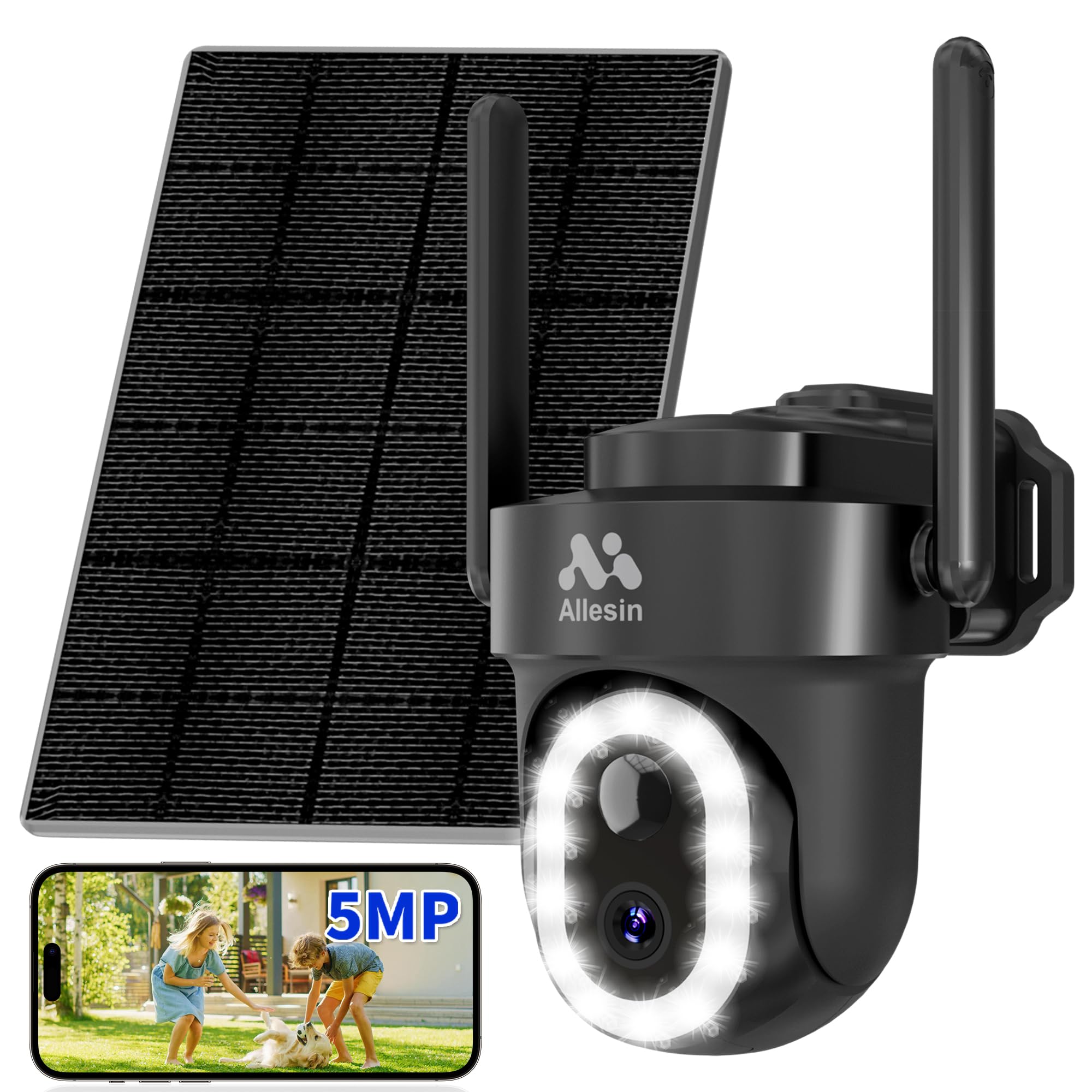 Photo 1 of Allesin Solar Security Camera Wireless Outdoor, 5MP Sloar Cameras for Home Security with 14LEDs Spotlight Color Night Vision, 2.4GHz WiFi, IP65, AI Human Detection, 2-Way Talk, Cloud/SD Storage, Black