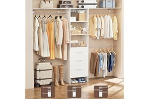 PatioPerk Closet System with Drawers, 8FT Walk in Closets Organizer with 3 Shelving Towers, 96" Wooden Storage Systems with Hanging Pods, Built-in Garment Rack for Bedroom