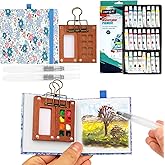 Mini Watercolor Paint Set, Watercolor Kit, Mini Watercolor Travel Set with Wooden 8-Grid Palette, 24 Colors Paint, 2 Brushes, Copper Clip & Sketchbook for Travel Painting