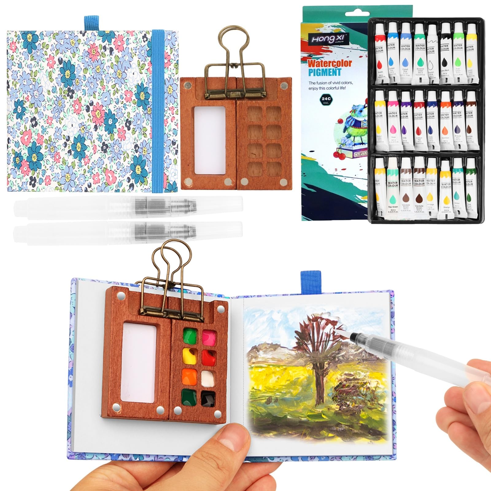 Photo 1 of ***Palette brushes and clip are not in package***Mini Watercolor Paint Set, Watercolor Kit, Mini Watercolor Travel Set with Wooden 8-Grid Palette, 24 Colors Paint, 2 Brushes, Copper Clip & Sketchbook for Travel Painting***Palette brushes and clip are not