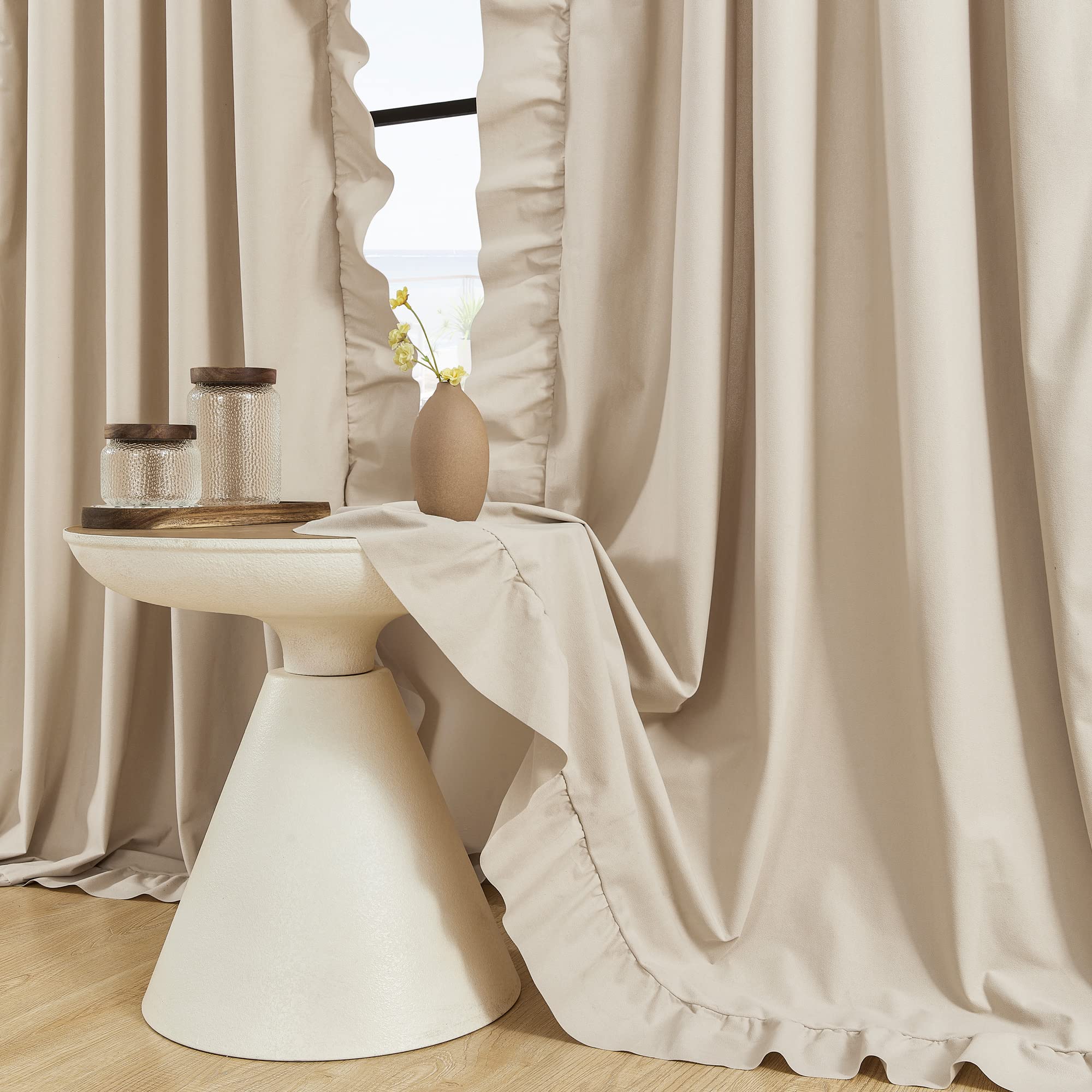 Photo 1 of Beige Ruffle Curtains 84 Inches Long 2 Panels Suede Fabric Light Tan Farmhouse Curtains for Living Room Bedroom Rod Pocket Light Filtering Shabby Chic Window Curtains for Girls Nursery Room, 52x84