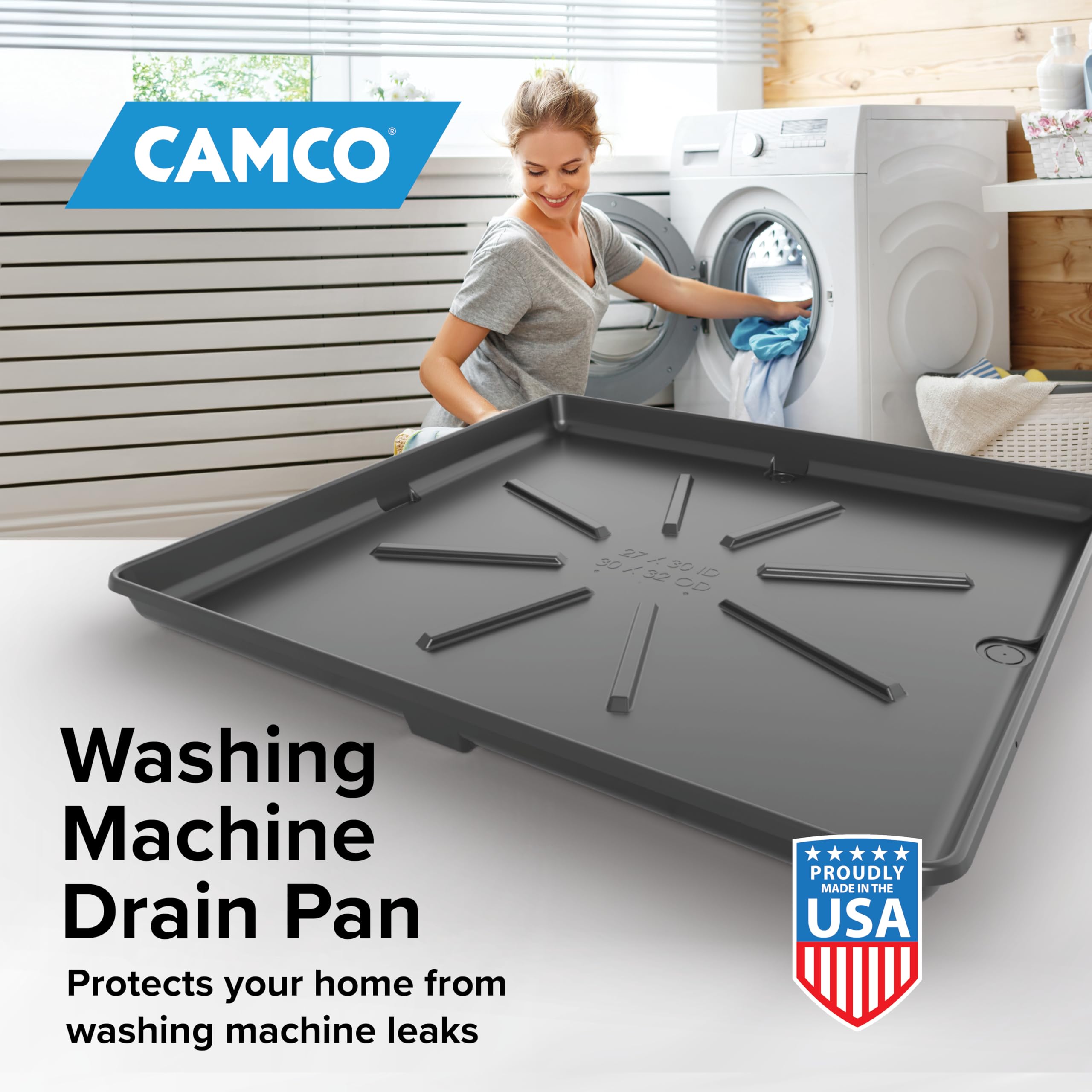 Camco Washing Machine Drain Pan - Features a Durable Plastic Construction, 1-inch/1.5-inch PVC Drain Fitting, and Measures 30-inches (L) x 32-inches (W) x 2 ½-inches (H) (OD) (20750)