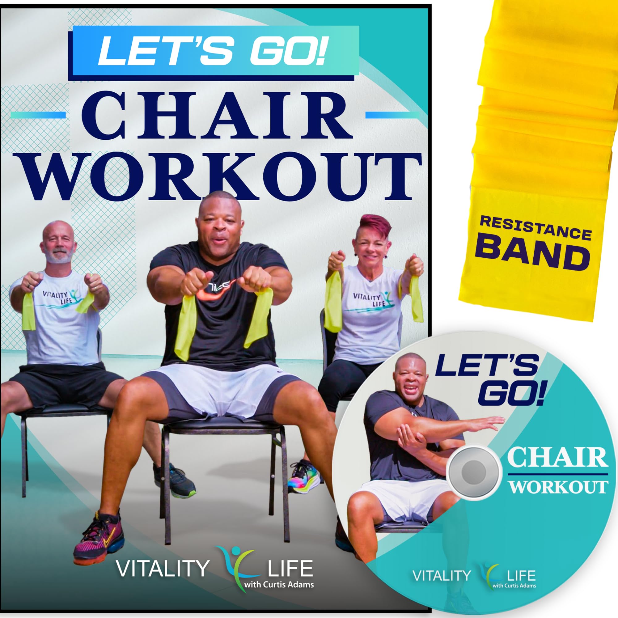 Chair Exercises for Seniors DVD + Band. Fun seated exercise videos. Chair workouts for seniors DVD. Chair aerobics for seniors DVD. Resistance bands DVD workout Videos for women, men, beginners.