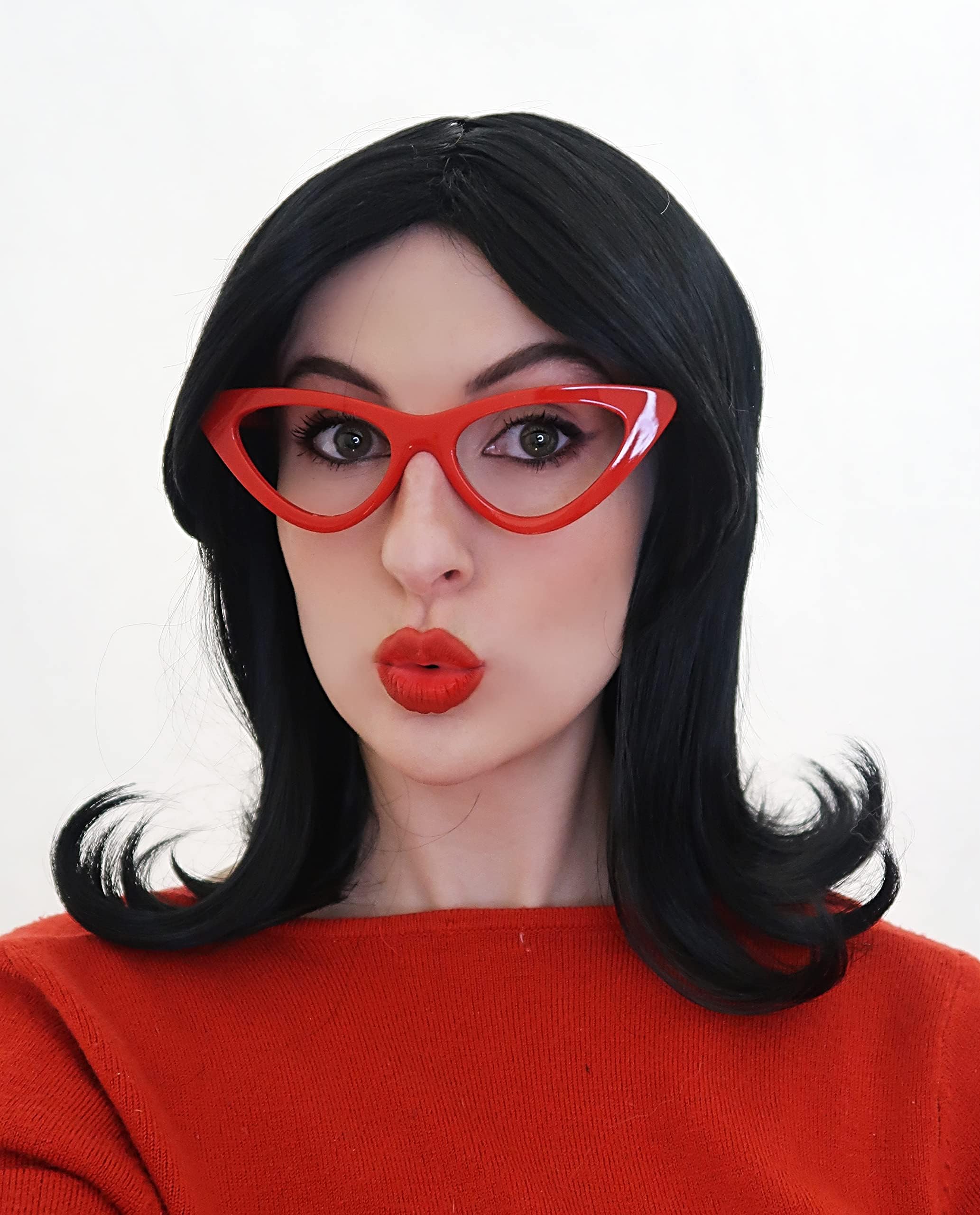 ALLAURA Linda Belcher Wig & Red Glasses ó 100% Realistic Black Bob Wig for Women | Compatible with Bobís Burgers Cosplay