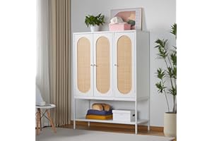 LEVNARY Large Armoire Wardrobe Closet with 3 Doors, Rattan Wardrobe Cabinet with Shelves and Hanging Rail for Clothes, Freestanding Wooden Closet for Bedroom (White)