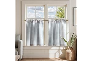 jinchan Striped Linen Kitchen Curtains 24 Inches Length Tier Curtains Farmhouse Modern Cafe Style Small Window Treatments Airy Light Filtering Rod Pocket for Living Room Bathroom 2 Panels Blue