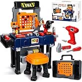 Kids Tool Bench with Electric Drill, Toddler Tool Set for Boys Ages 3 4 5 6 | Construction Workbench Toys with Power Miter Saw, Toddler Realistic Tools Table Playset, Christmas Birthday Gift for Kids 3-5