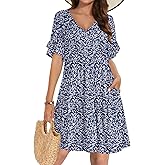AUNEAL Summer Dresses for Women 2026 Loose V Neck Ruffle Sleeve Tiered Flowy Casual A Line Mini Beach Dress with Pockets
