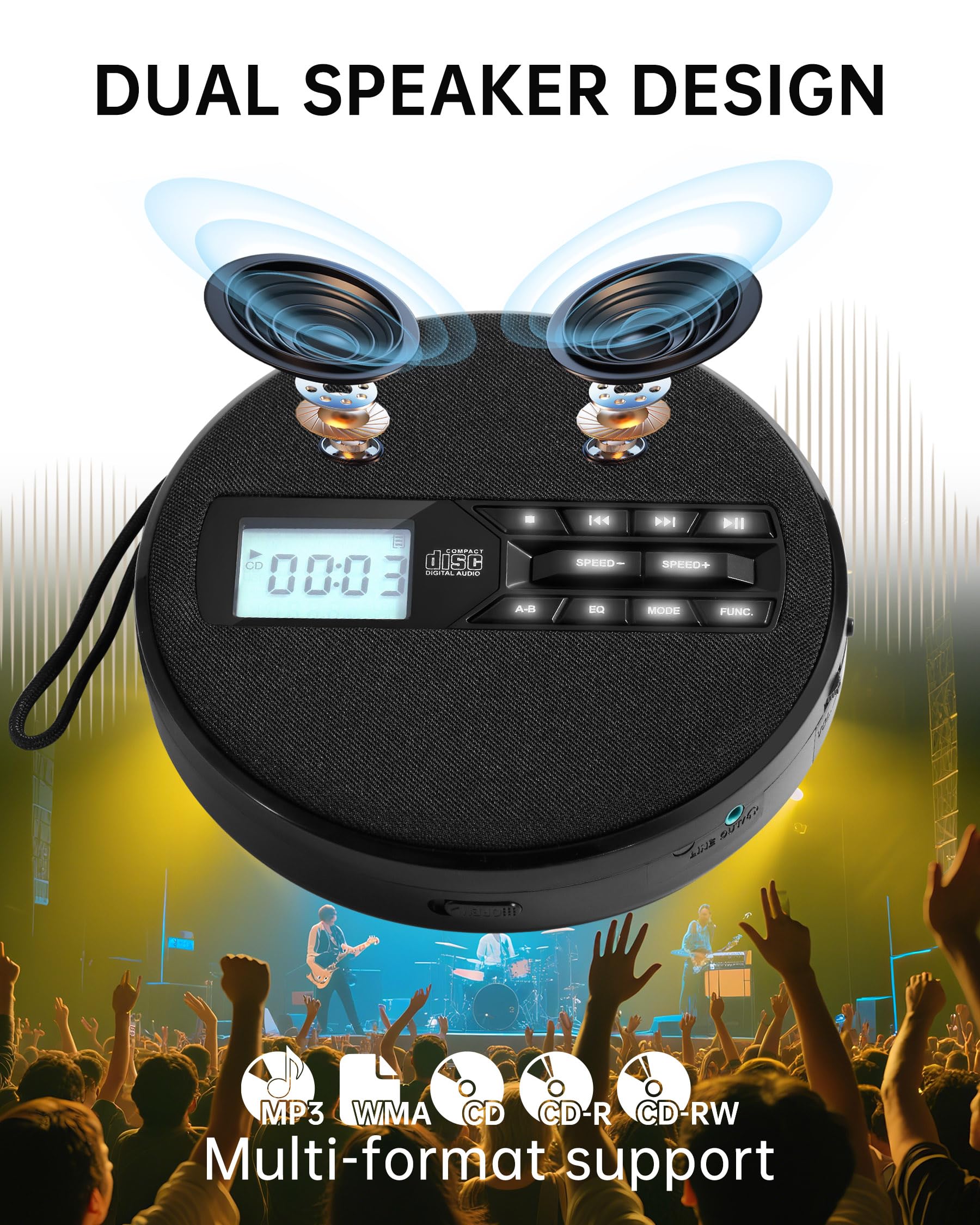 CD Player Portable with Speakers - Rechargeable Personal CD Player for Car and Home, Small Fabric Music Player with Backlit Display, Anti-Skip, AUX/USB Port - Ideal for Audiobooks & Gifts