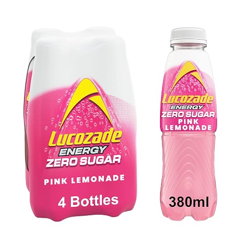 Lucozade Zero Fizzy Drink, Pink Lemonade Flavour, Sugar Free, Low Calorie, 4 Pack, 380ml Bottles