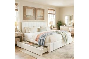 SierraSquad Upholstered Platform Bed Frame with 4 Storage Drawers - Adjustable Height Headboard - Sturdy Wooden Slats - No Bo