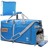 Bago Large Foldable Duffel Bags for Traveling Women & Men - 100L Packable Duffle Bag for Travel with Shoe Compartment - Water Repellant, Heavy Duty, Lightweight Folding & Collapsible (Blue)