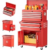 Omelaza 8-Drawer Rolling Tool Chest &amp; Cabinet with Lock and Wheels, Red | Detachable Upper Box, Side Hooks And A Spacious Lower Compartment Keep Equipment Organized For Garage, Art Workspace