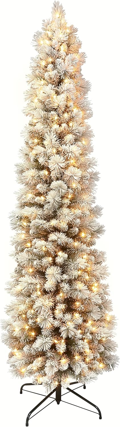 Trees - Puleo International 6.5 Foot Pre-Lit Flocked Portland Pine Pencil Artificial Christmas Tree with 300 UL-Listed Clear Lights