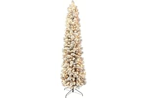 Puleo International 7.5 Foot Pre-Lit Flocked Pencil Portland Pine Artificial Christmas Tree with 350 UL Listed Clear Lights, White